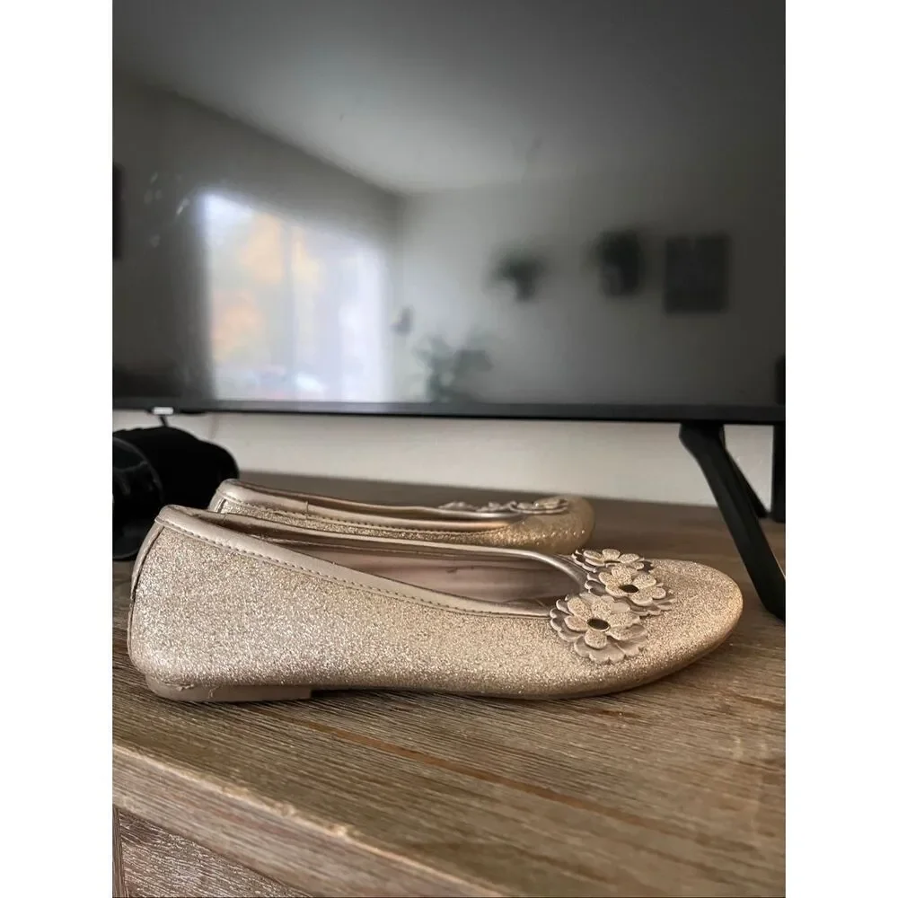 Rachel Shoes  Flat Little Girl's Size 3М Gold Glitter Flowers